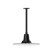 Black radial pendant light with long stem mount and scalloped shade edge