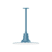 Light blue radial 16-inch pendant with stem mount and wide ceiling canopy.