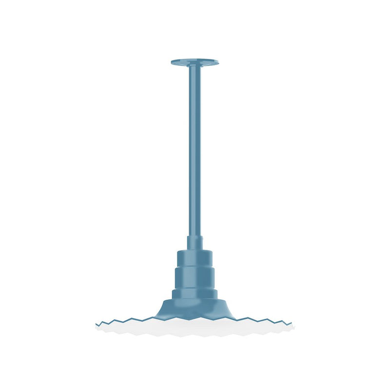 Light blue radial 16-inch pendant with stem mount and wide ceiling canopy.