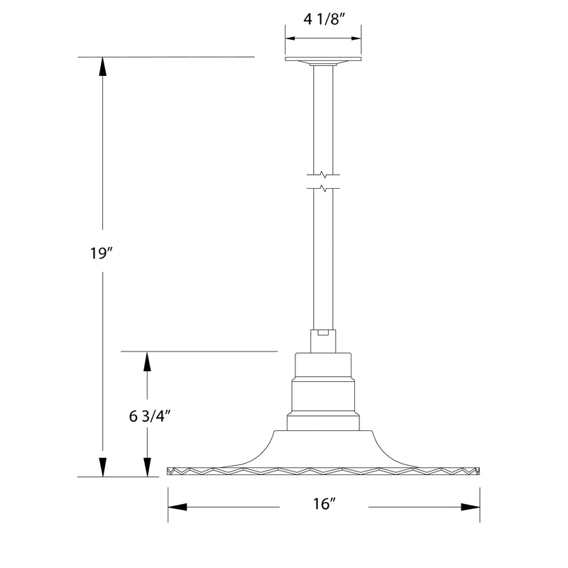 Black radial 16 in pendant with stem mount; size diagram shows 19 in and 6 3/4 in