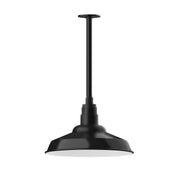 Black stem-mount pendant light with dome shade and straight mounting stem.