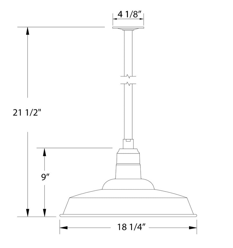 Light blue pendant light dimension diagram, 18 1/4 in wide shade on 21 1/2 in stem.