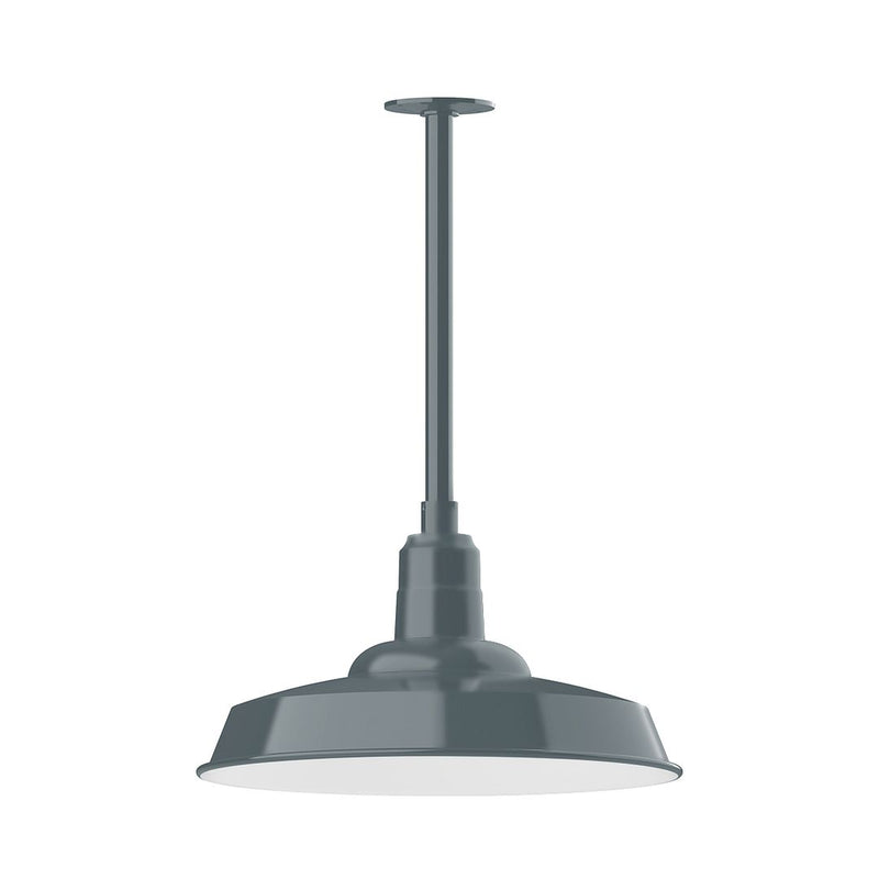 Slate gray pendant light with wide bell shade on straight stem mount
