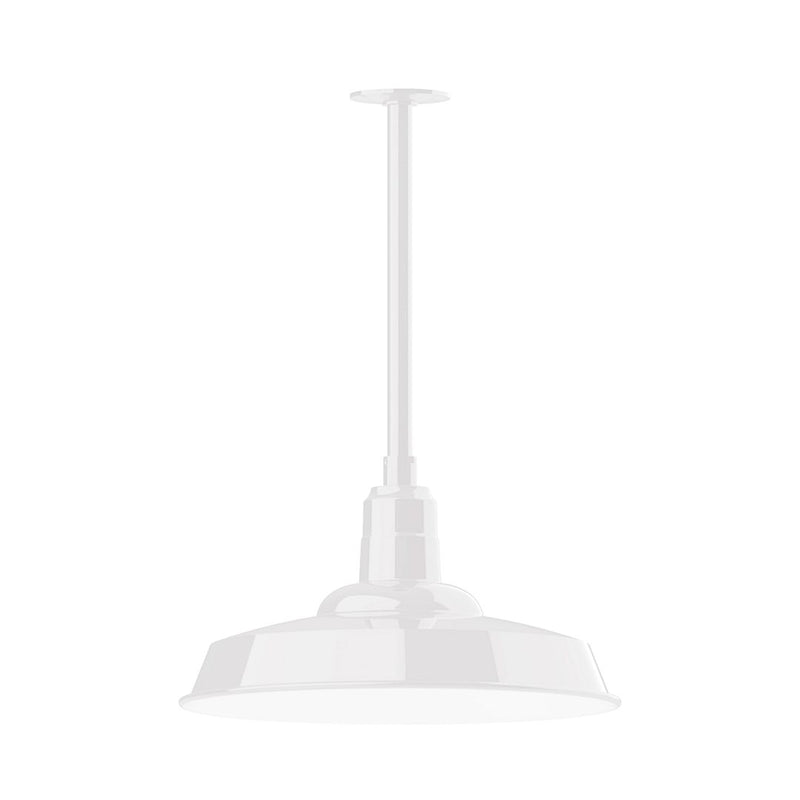 White stem-mount pendant light with domed shade and central downrod.
