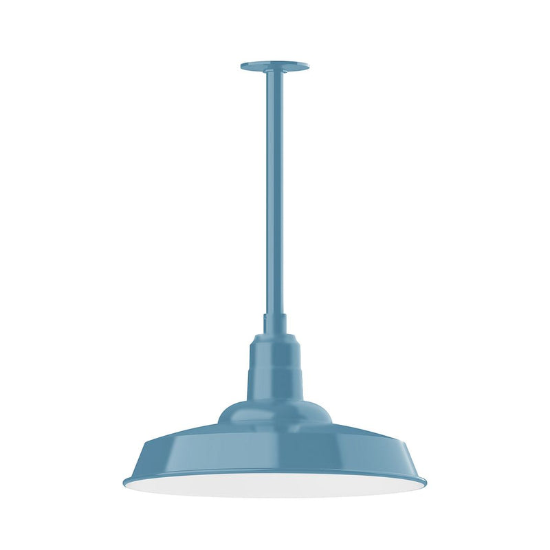 Light blue stem-mount pendant light with wide bell shade and central downrod