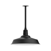 Black stem-mount pendant light with wide metal shade and vertical stem