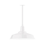White stem-mount pendant lamp with bell-shaped shade and straight hanging rod
