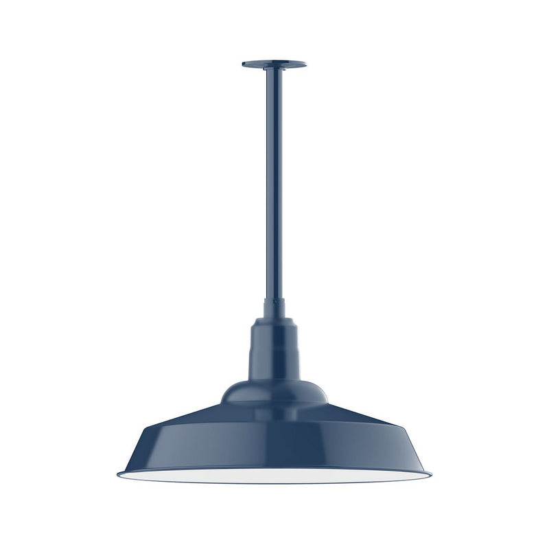 Navy stem mount pendant light with round bell shade and straight hanging rod