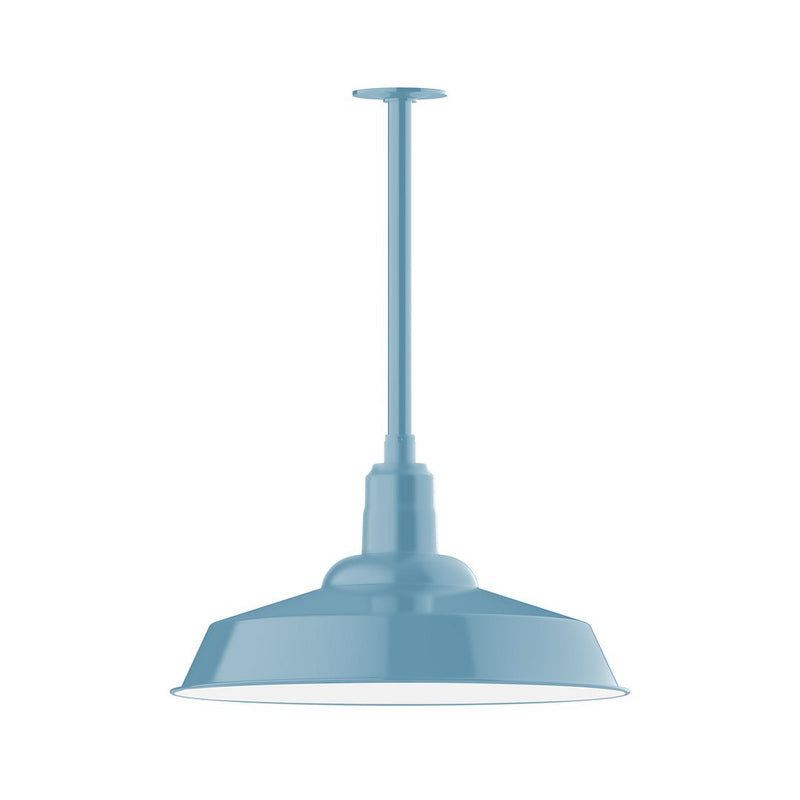 Light blue stem-mount pendant lamp with domed metal shade and straight canopy