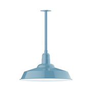 Light blue stem-mount pendant lamp with wide metal dome shade