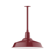 Barn red stem-mount pendant light with wide metal shade and straight stem.