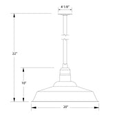 Barn red stem mount pendant size diagram: 20in wide, 22in high, 10in canopy