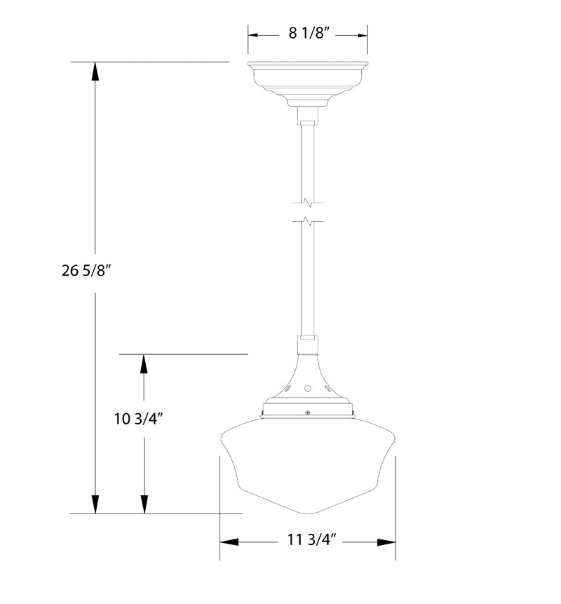 Black stem pendant with frosted glass shade, shown with size measurements