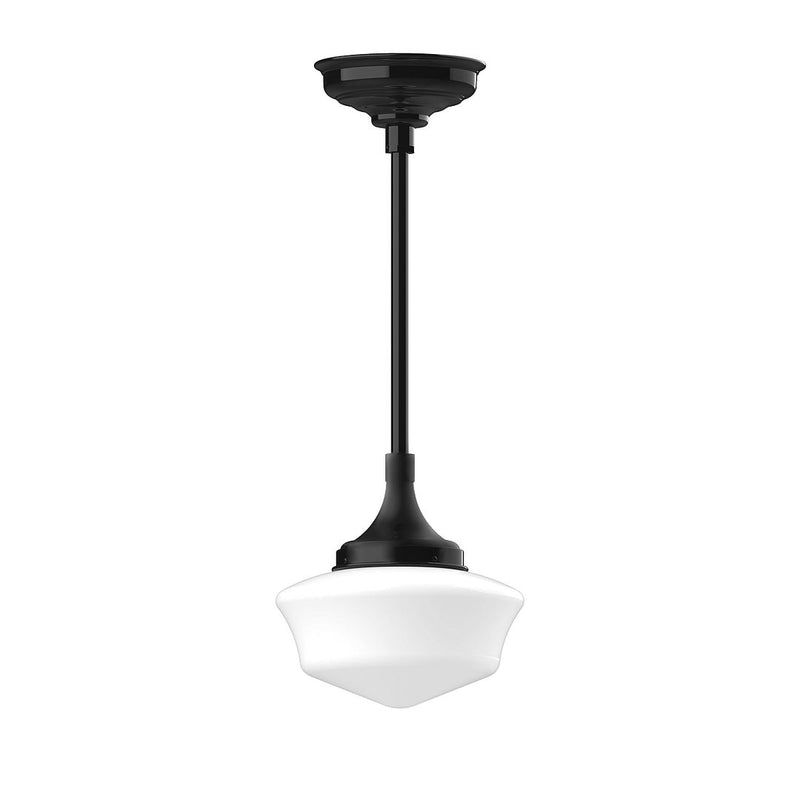 Schoolhouse pendant light with black stem mount and frosted glass shade