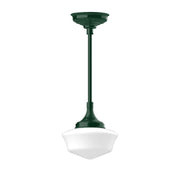 Forest green stem-mounted pendant with white glass bell shade, 12 in