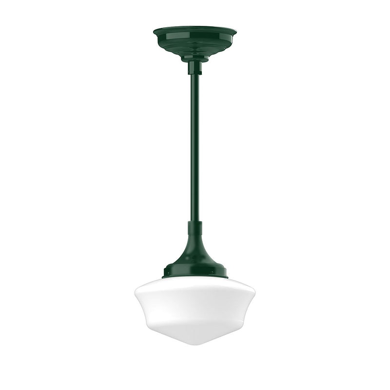 Forest green stem-mounted pendant with white glass bell shade, 12 in