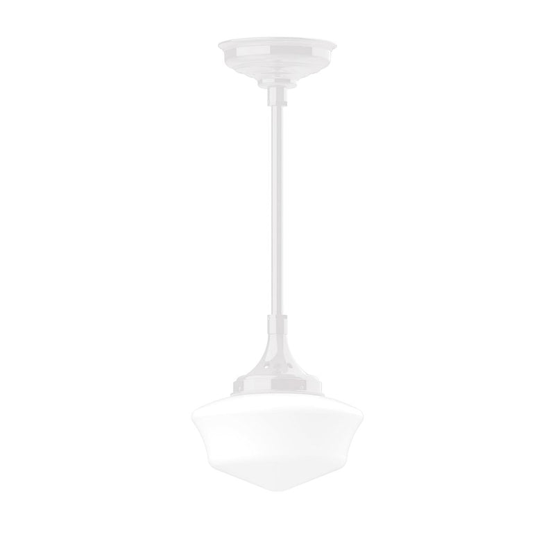 White stem-mounted pendant light with bell-shaped frosted glass shade