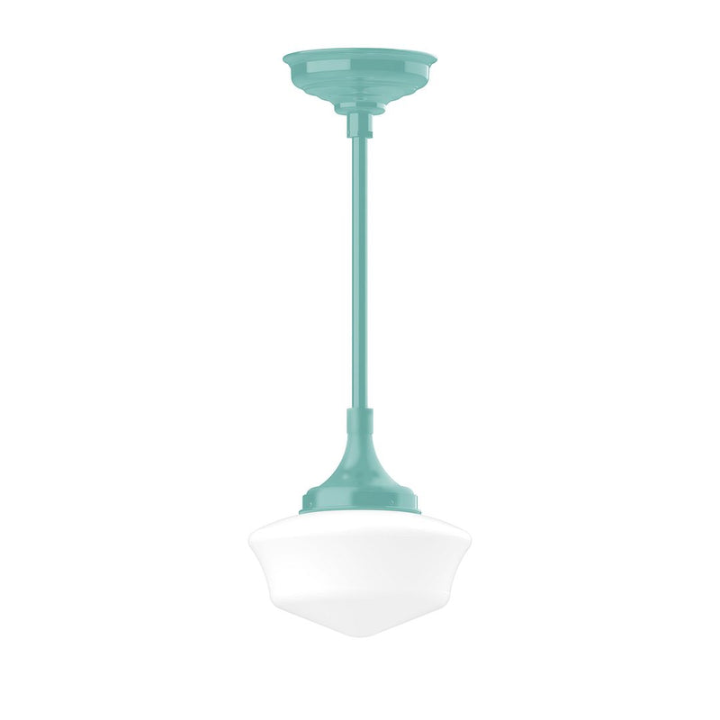 Sea green stem-mount pendant with frosted white shade, Schoolhouse 12 in