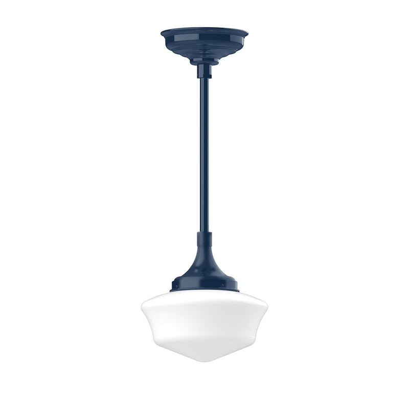 Navy stem mount pendant light with frosted white glass shade