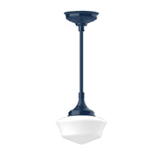 Navy stem-mounted 12 in pendant with white glass shade and ceiling canopy