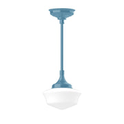 Light blue stem-mounted pendant light with white bell-shaped glass shade