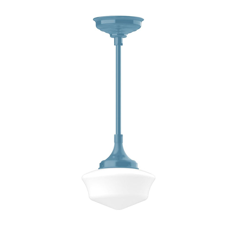 Light blue stem-mounted pendant light with white bell-shaped glass shade
