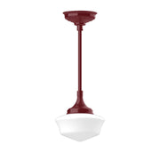 Barn red stem-mount pendant light with white glass shade and red canopy