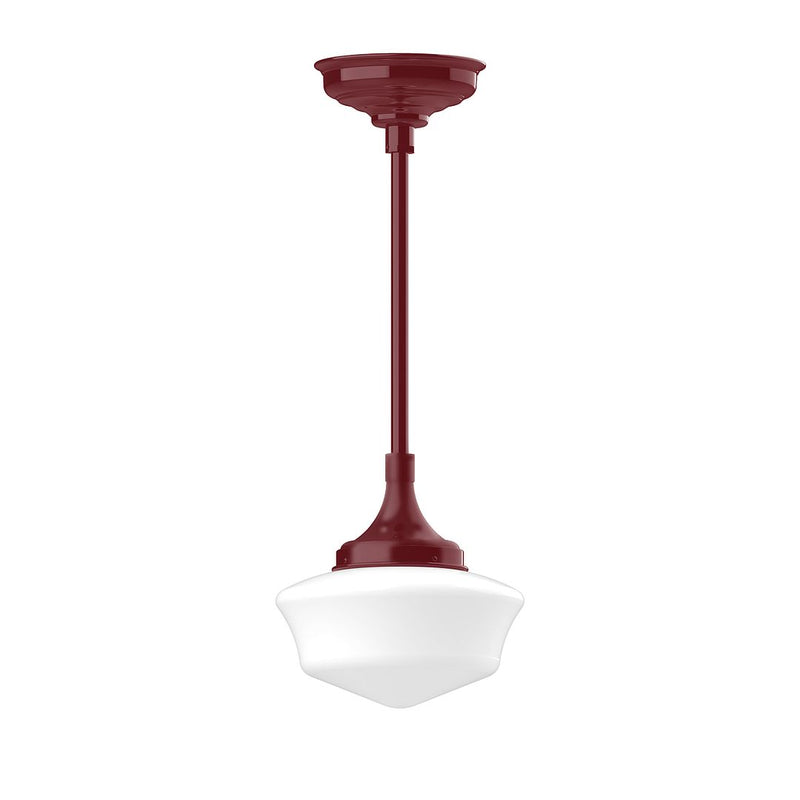 Barn Red pendant light with white glass shade and vertical stem mount