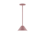 Mauve stem-hung pendant light with round canopy and tapered bell shade
