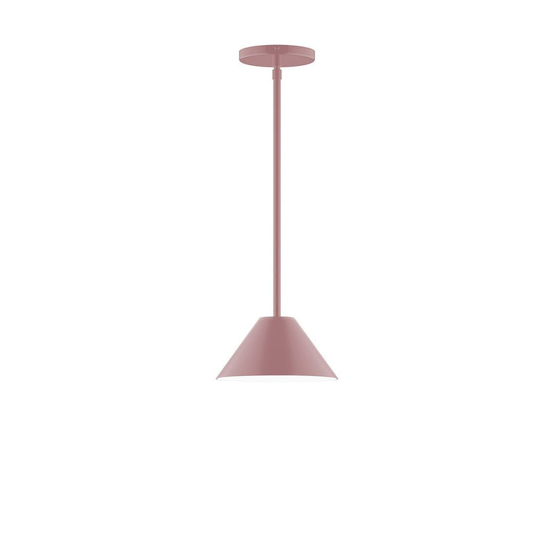Mauve stem-hung pendant light with round canopy and tapered bell shade