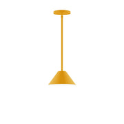 Bright yellow stem-hung pendant with wide bell shade and straight hanging stem
