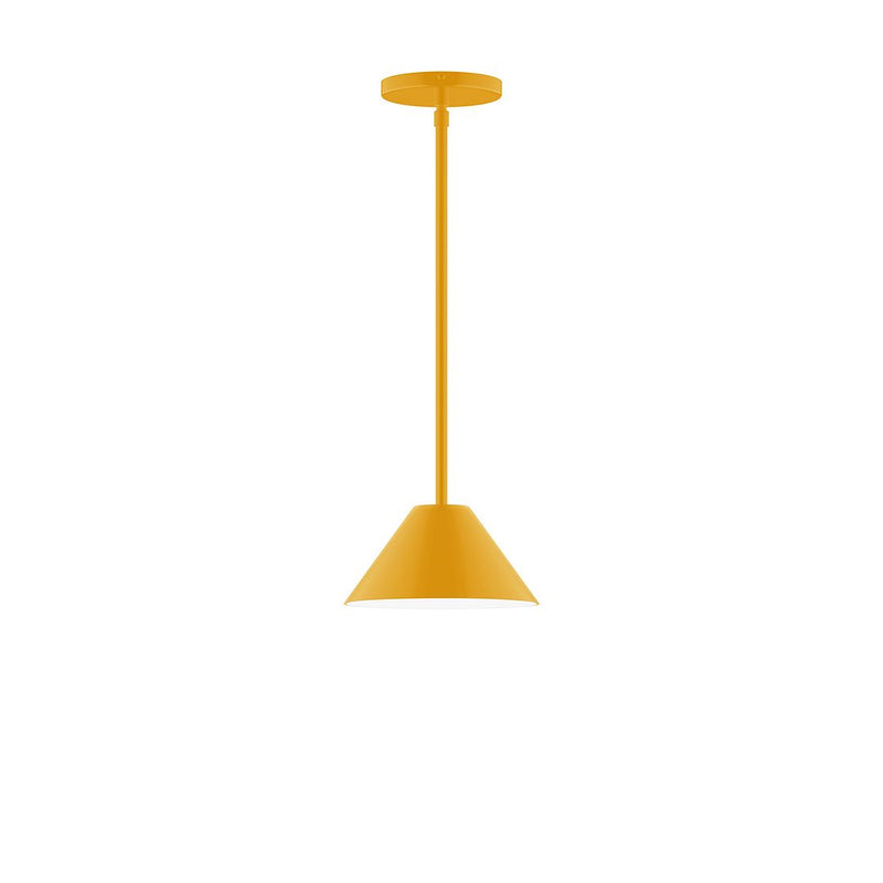 Bright yellow stem-hung pendant with wide bell shade and straight hanging stem