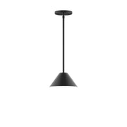 Black 8-inch stem-hung pendant with bell-shaped shade and round canopy.