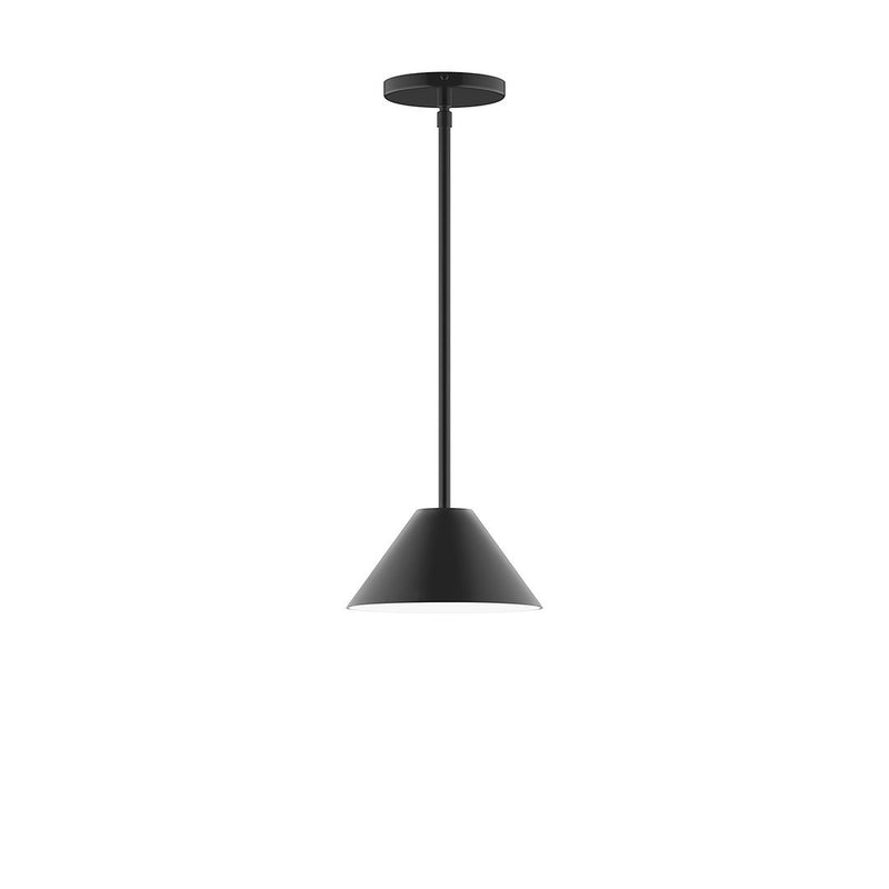 Black 8-inch stem-hung pendant with bell-shaped shade and round canopy.