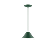 Forest green stem-hung pendant with flared bell shade and round ceiling canopy