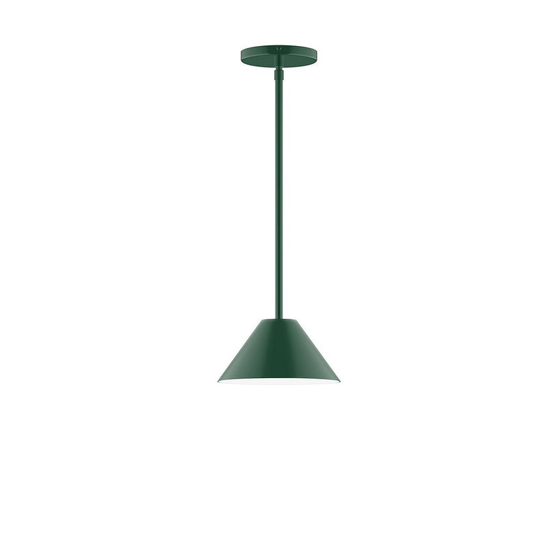 Forest green stem-hung pendant with flared bell shade and round ceiling canopy