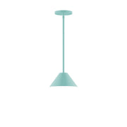 Sea green stem-hung pendant light with bell-shaped shade and round canopy.