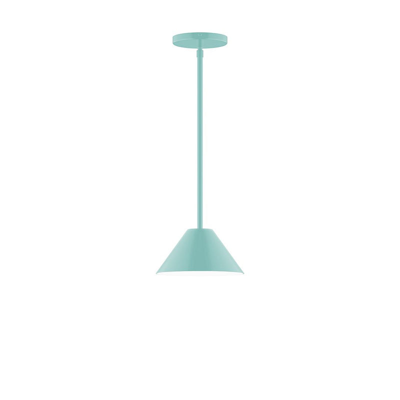Sea green stem-hung pendant light with bell-shaped shade and round canopy.