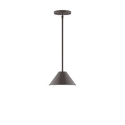Architectural bronze stem-hung pendant with conical shade and round ceiling canopy
