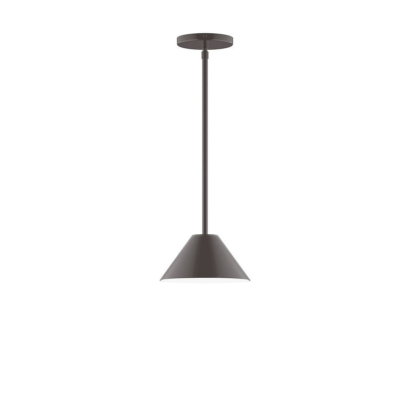 Architectural bronze stem-hung pendant with conical shade and round ceiling canopy