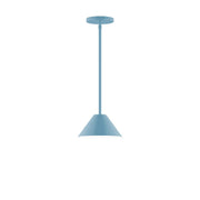 Light blue stem-hung pendant lamp with flared shade and round ceiling canopy.