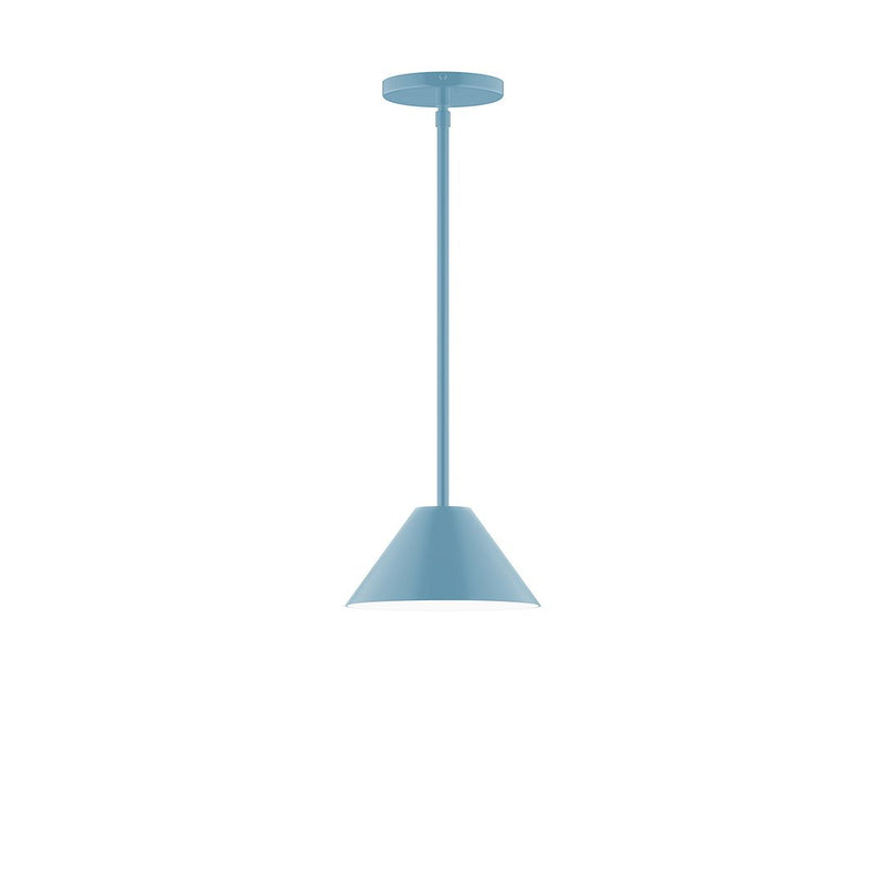 Light blue stem-hung pendant lamp with flared shade and round ceiling canopy.