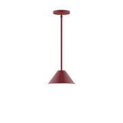 Barn red stem-hung pendant with flared bell shade and round canopy