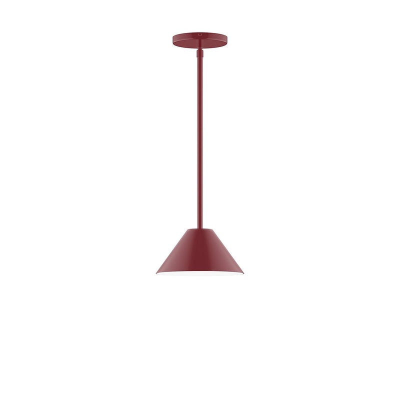 Barn red stem-hung pendant with flared bell shade and round canopy