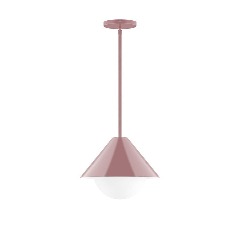 Mauve stem-hung pendant light with glass globe and round ceiling canopy