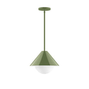 Fern green stem-hung pendant light with frosted glass globe and flat canopy