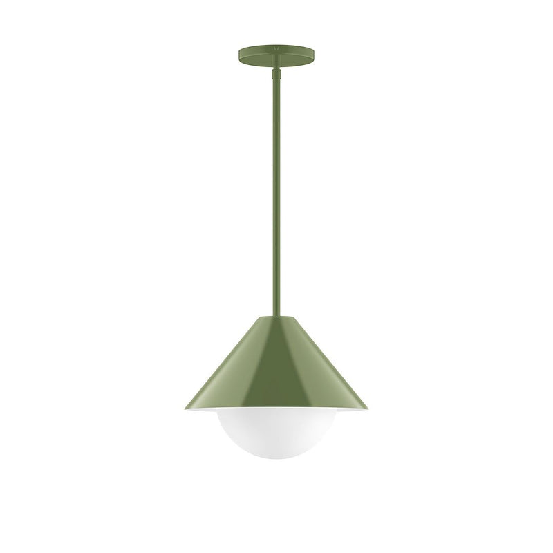Fern green stem-hung pendant light with frosted glass globe and flat canopy