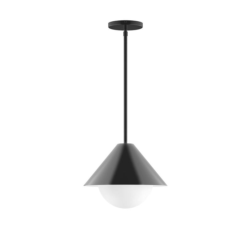 Black stem-hung pendant with frosted glass globe and black canopy