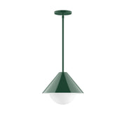 Forest green stem-hung pendant with frosted glass globe and tapered canopy