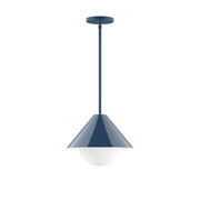 Navy stem-hung pendant with frosted glass globe and flared metal canopy